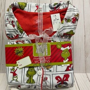 Women's The Grinch Holiday Christmas Pajamas PJ White Red Green L Top Pants NEW